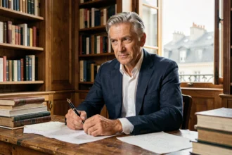 Portrait d'un écrivain distingué aux cheveux grisonnants assis dans un bureau parisien entouré de livres, regard pensif et chaleureux