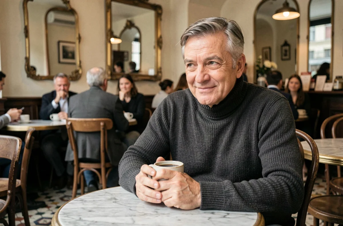 Écrivain mature en col roulé partageant des confidences dans un café parisien, expression sincère et regard introspectif