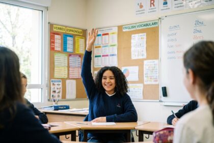 Collégienne enthousiaste levant la main en cours de langue vivante dans une salle de classe française décorée d'affiches de vocabulaire