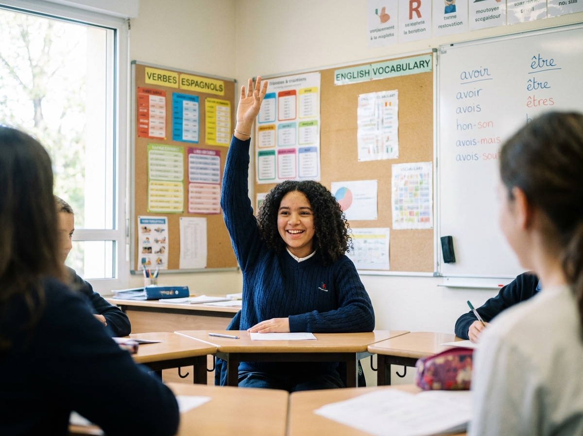 Collégienne enthousiaste levant la main en cours de langue vivante dans une salle de classe française décorée d'affiches de vocabulaire