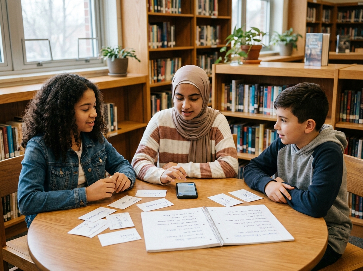 Groupe d'élèves de collège travaillant ensemble sur un exercice de langue étrangère avec des flashcards dans la bibliothèque scolaire