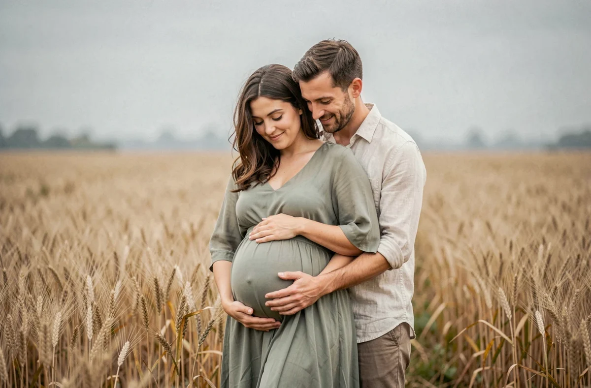 Émeline et Clément photographiant un couple de futurs parents dans un champ doré en Île-de-France