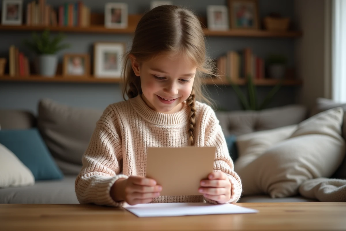 Fille souriante avec carte faite main dans un salon chaleureux
