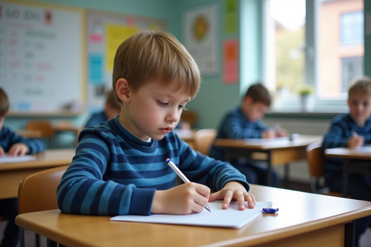 Jeune garçon travaillant seul en classe ordinaire avec des outils pédagogiques adaptés sur son bureau