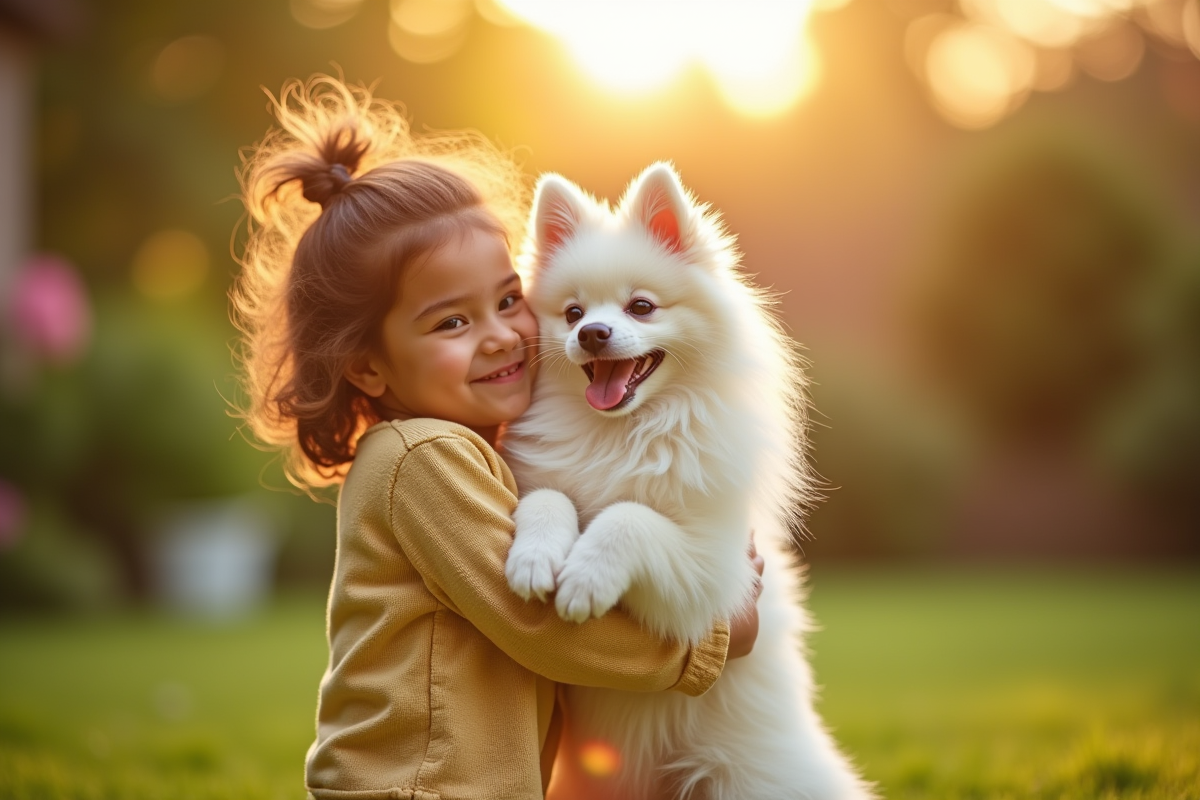 Enfant et chien japonais Spitz dans le jardin en fin d