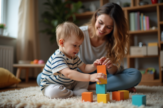 Garçon de deux ans jouant avec des blocs en famille