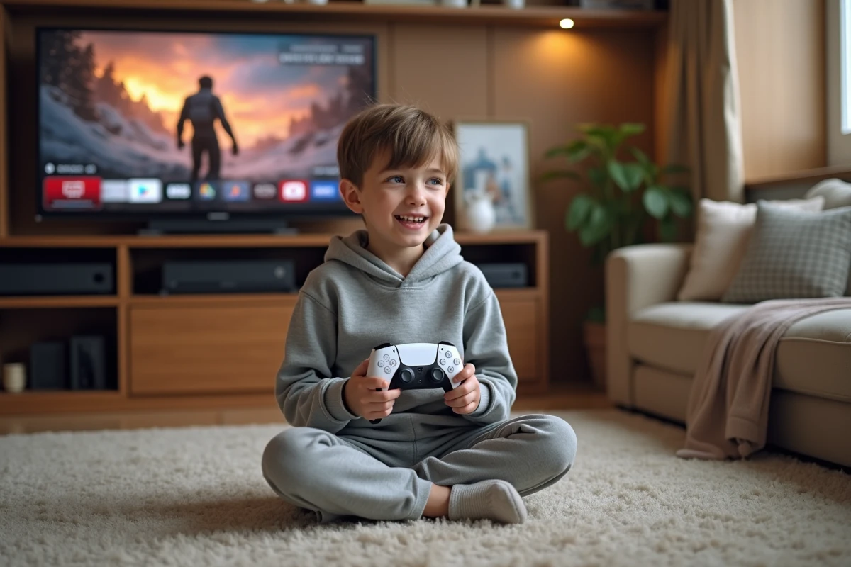 Enfant jouant à la PS5 avec une manette DualSense dans un salon familial, console PS4 visible en arrière-plan
