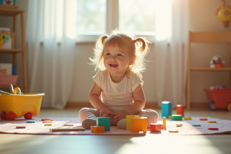 Fille de 3 ans souriante dans une salle lumineuse avec jouets éducatifs
