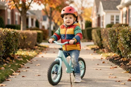 Enfant de 2 ans sur une petite moto électrique rouge avec casque de sécurité sur un trottoir de quartier résidentiel