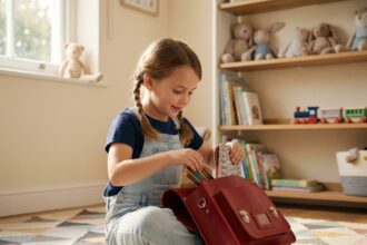 Petite fille de CP préparant son cartable neuf dans sa chambre avant la rentrée scolaire