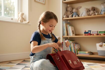 Petite fille de CP préparant son cartable neuf dans sa chambre avant la rentrée scolaire