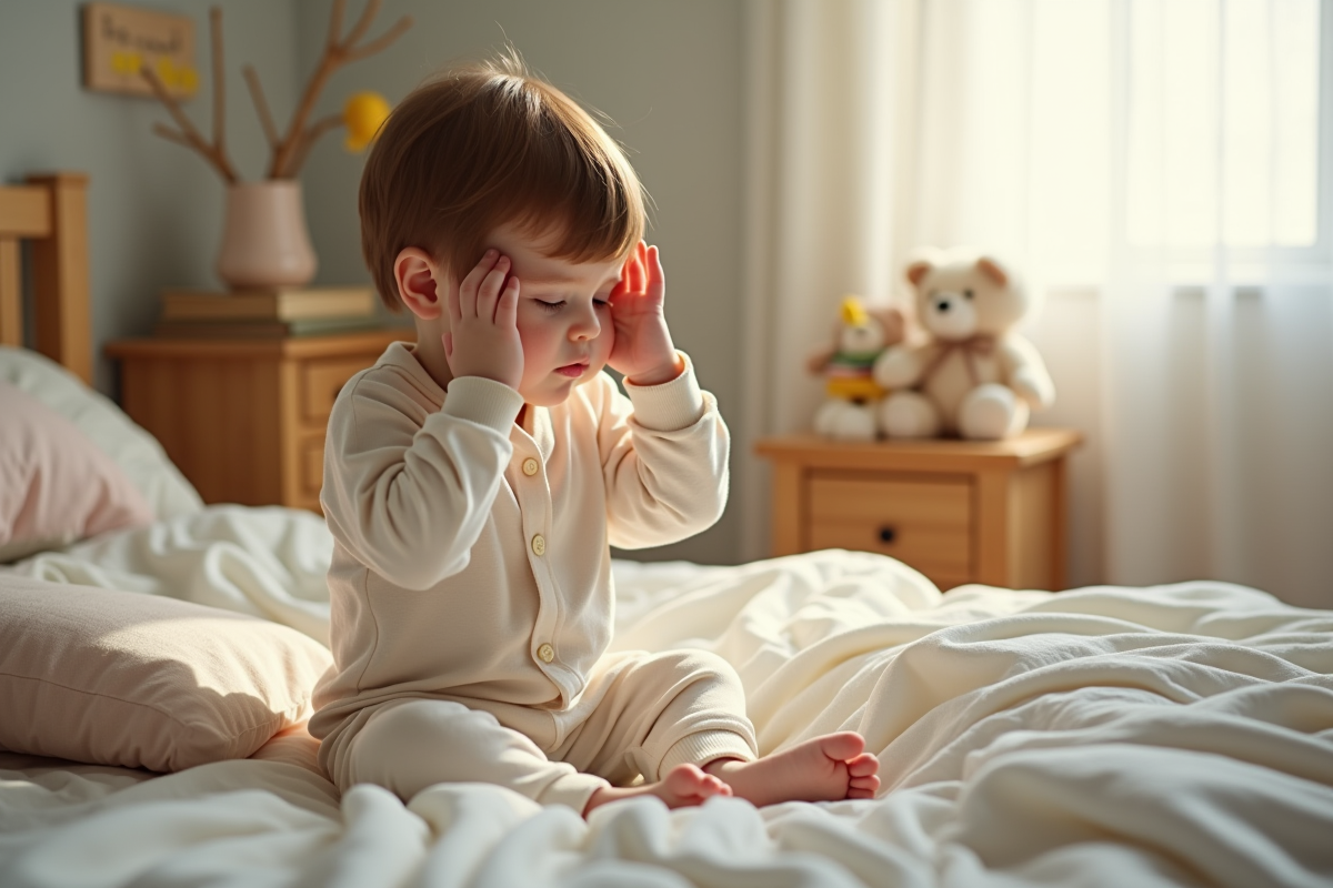 Enfant de 4 ans se réveillant dans sa chambre lumineuse
