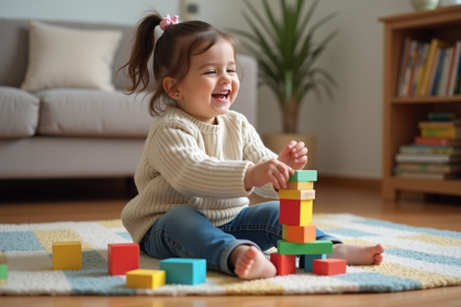 Jeune fille de deux ans riant en construisant une tour de blocs colorés
