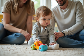 Garçon de 20 mois regardant son jouet préféré dans un salon