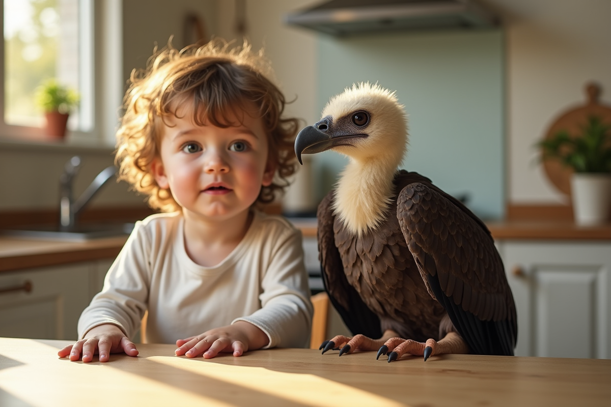 Enfant et vautour assis côte à côte à la table de cuisine