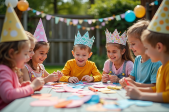 Enfants créant des couronnes en plein air lors d'une fête
