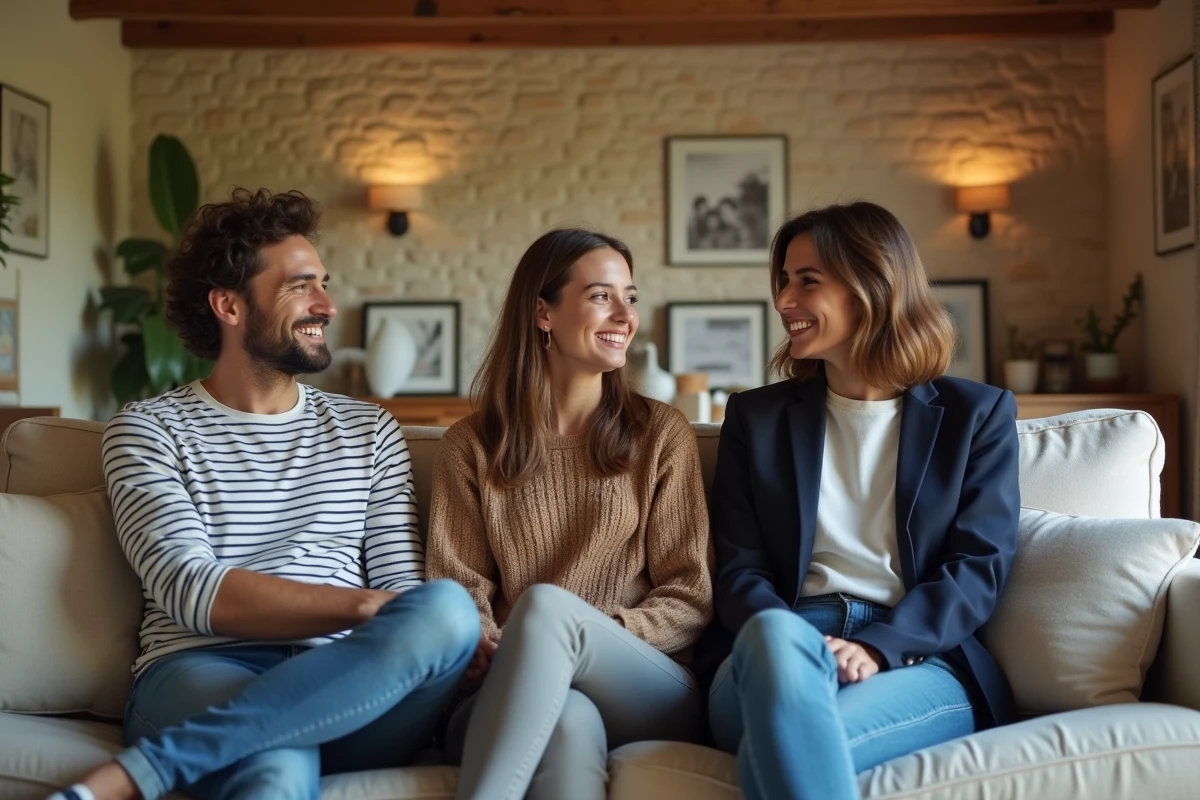 Trois jeunes adultes réunis dans un salon familial français chaleureux, symbolisant la vie de famille et les enfants d'une personnalité politique
