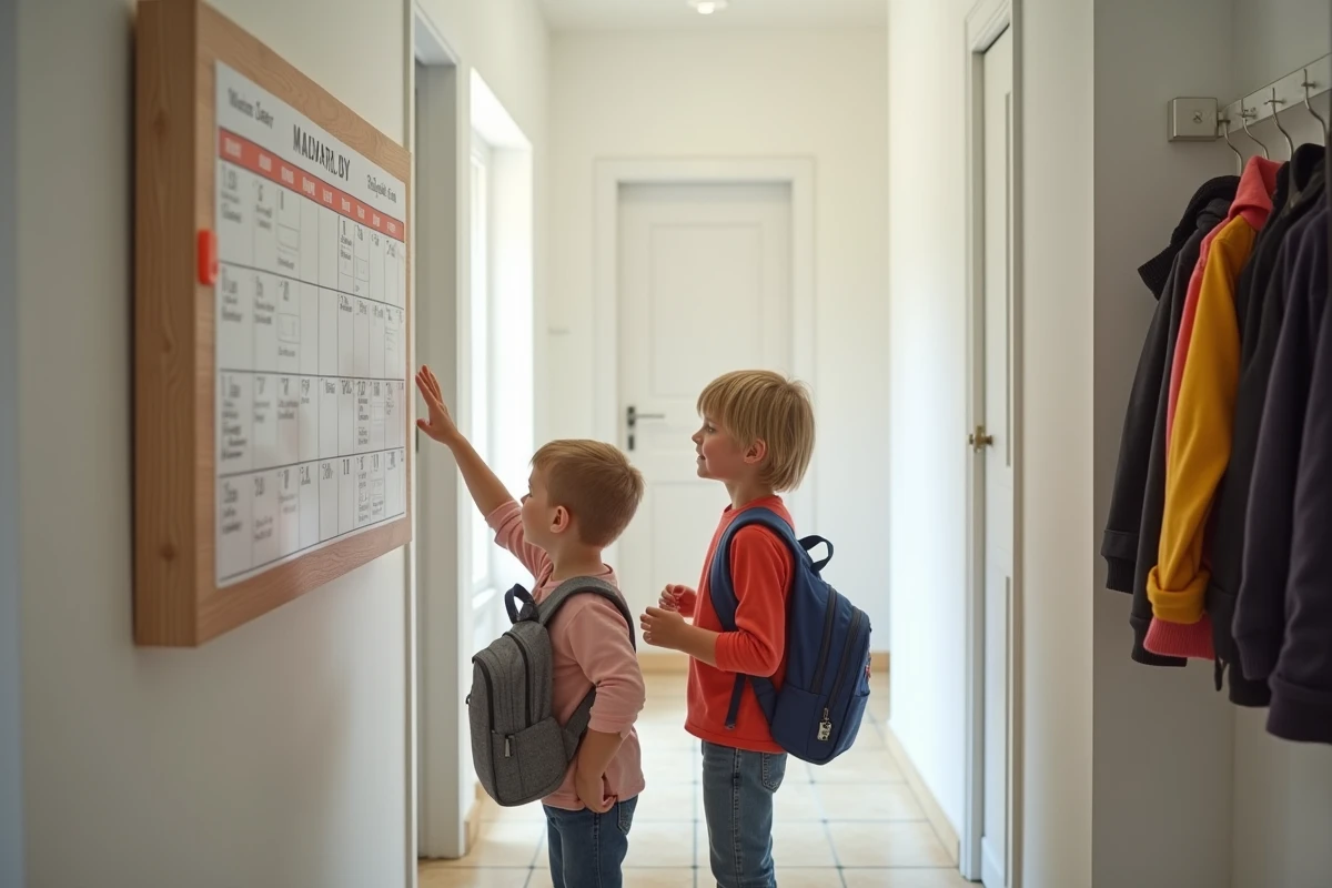 Enfants en garde alternée consultant le planning familial de semaines paires et impaires affiché dans le couloir