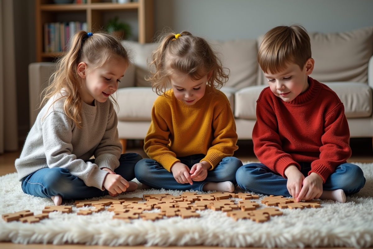 Trois enfants jouent à un puzzle dans un salon chaleureux