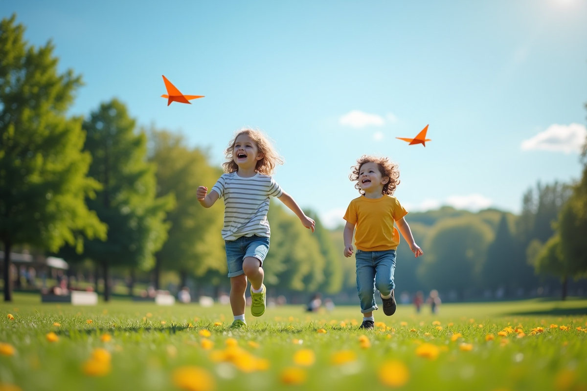 Deux enfants rient en lançant des avions en papier dans un parc vert