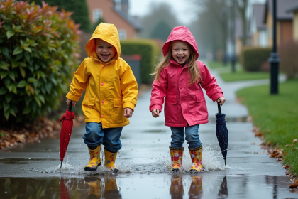 Deux enfants rient en sautant dans une flaque sous la pluie