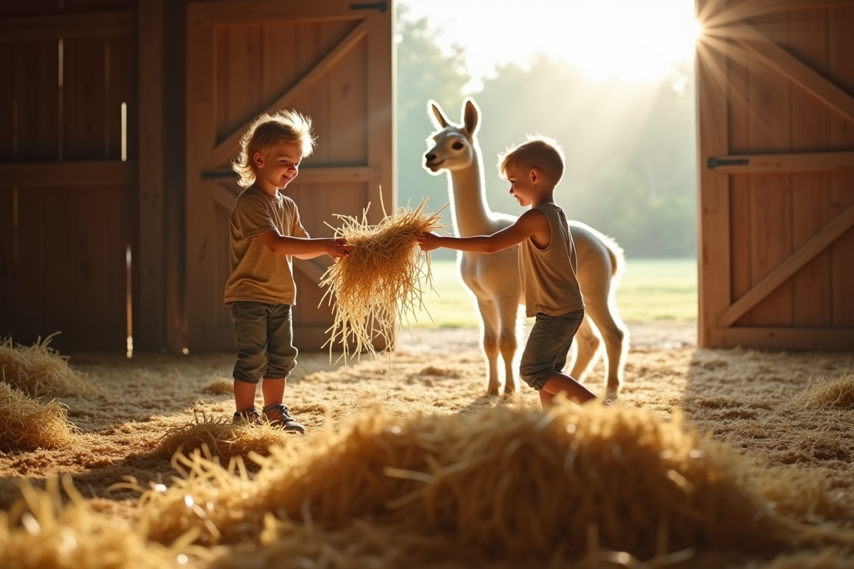 Enfants préparant du foin pour un llama dans une grange lumineuse