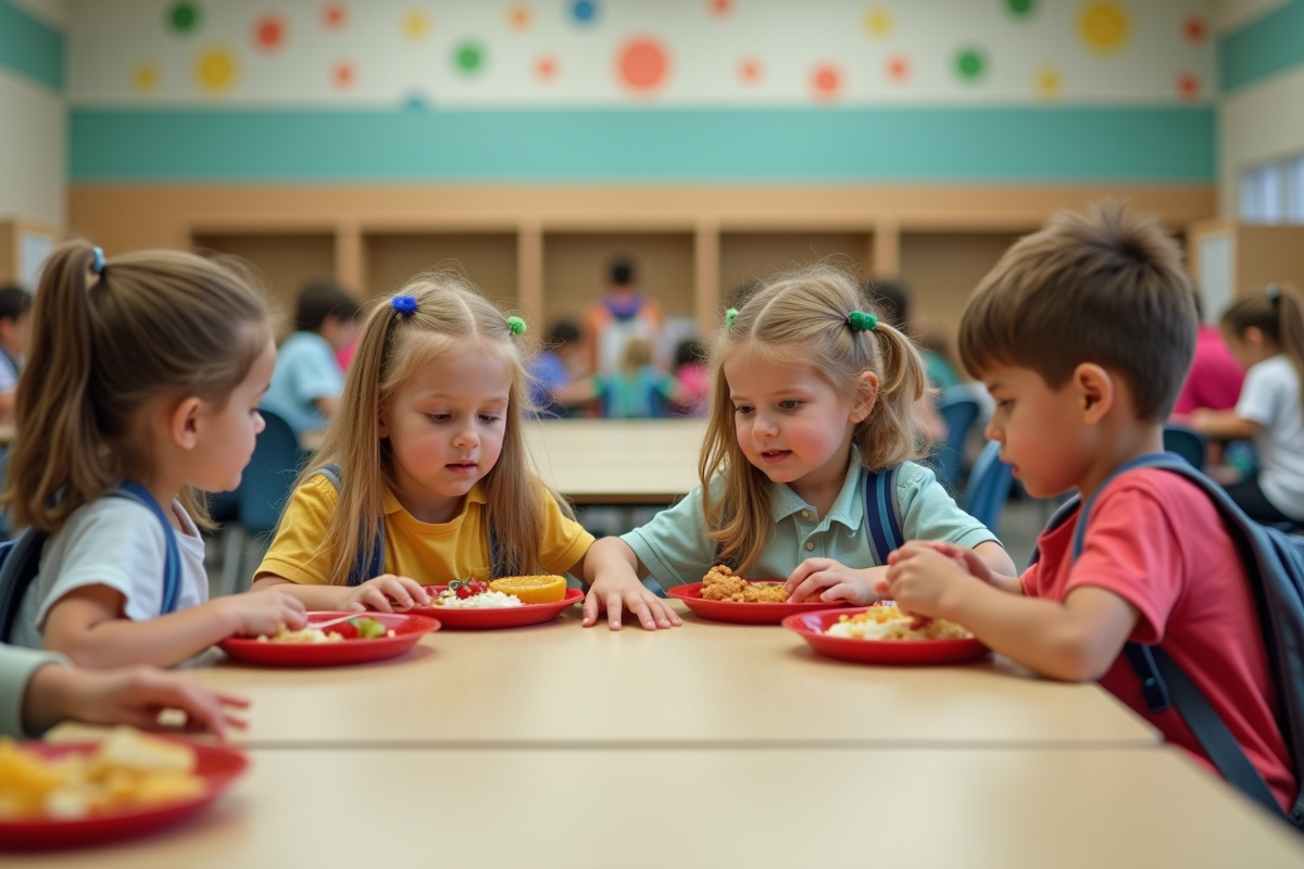 Enfants à la cantine scolaire découvrant leurs repas