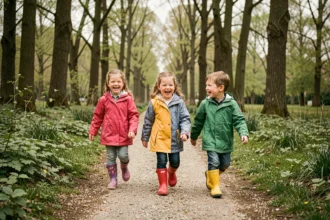 Groupe d'enfants de 3 à 5 ans explorant un sentier naturel en forêt d'Île-de-France pendant les vacances scolaires 2026