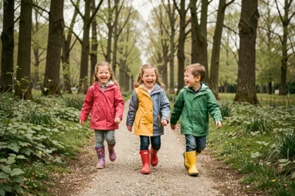 Groupe d'enfants de 3 à 5 ans explorant un sentier naturel en forêt d'Île-de-France pendant les vacances scolaires 2026