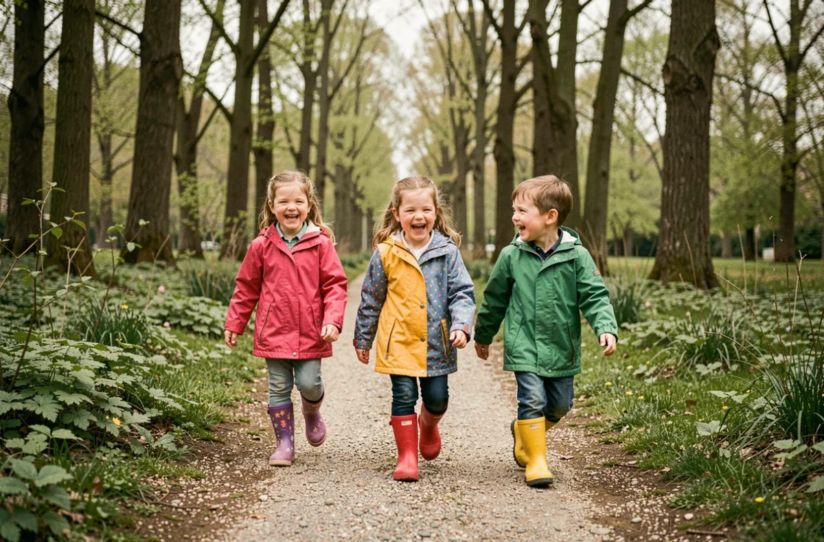Groupe d'enfants de 3 à 5 ans explorant un sentier naturel en forêt d'Île-de-France pendant les vacances scolaires 2026