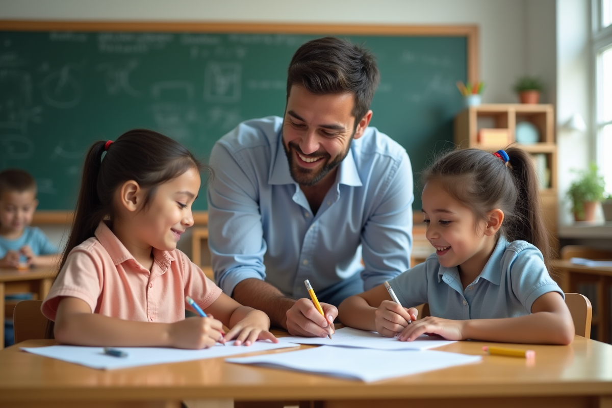 Enseignant avec élèves dans une classe lumineuse