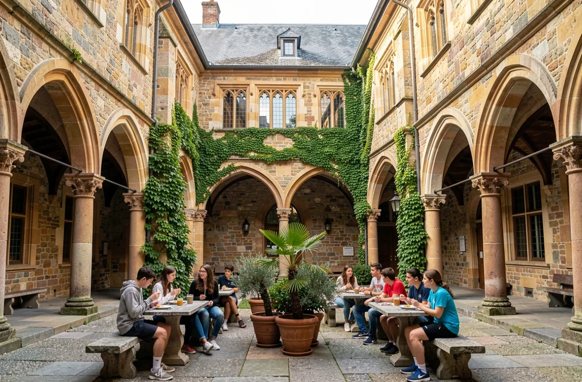 Cloître historique de l'ensemble scolaire Les Cordeliers à Annecy avec des élèves déjeunant dans la cour