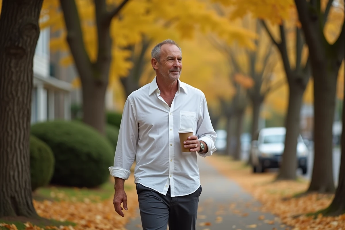 Homme élégant se promenant dans une allée arborée en automne, évoquant l'équilibre entre vie privée et carrière professionnelle