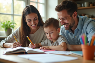 Famille aidant l'enfant à faire ses devoirs de mathématiques