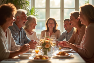Famille multigenerational heureuse autour d'une table d anniversaire