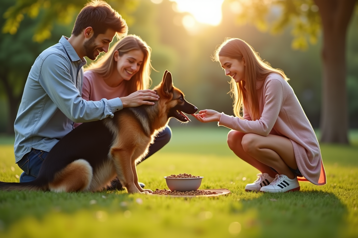 Famille heureuse donnant de la nourriture à leur berger allemand