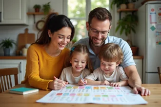 Famille heureuse planifiant les vacances avec calendrier coloré