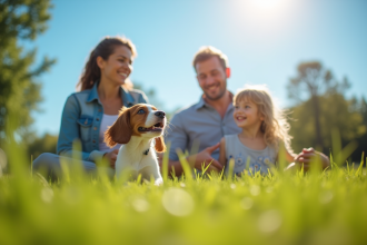 Famille jouant avec un chiot Brittany Spaniel en plein air