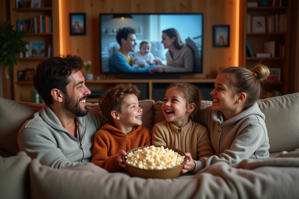 Famille de quatre riant sur un canapé en regardant un film