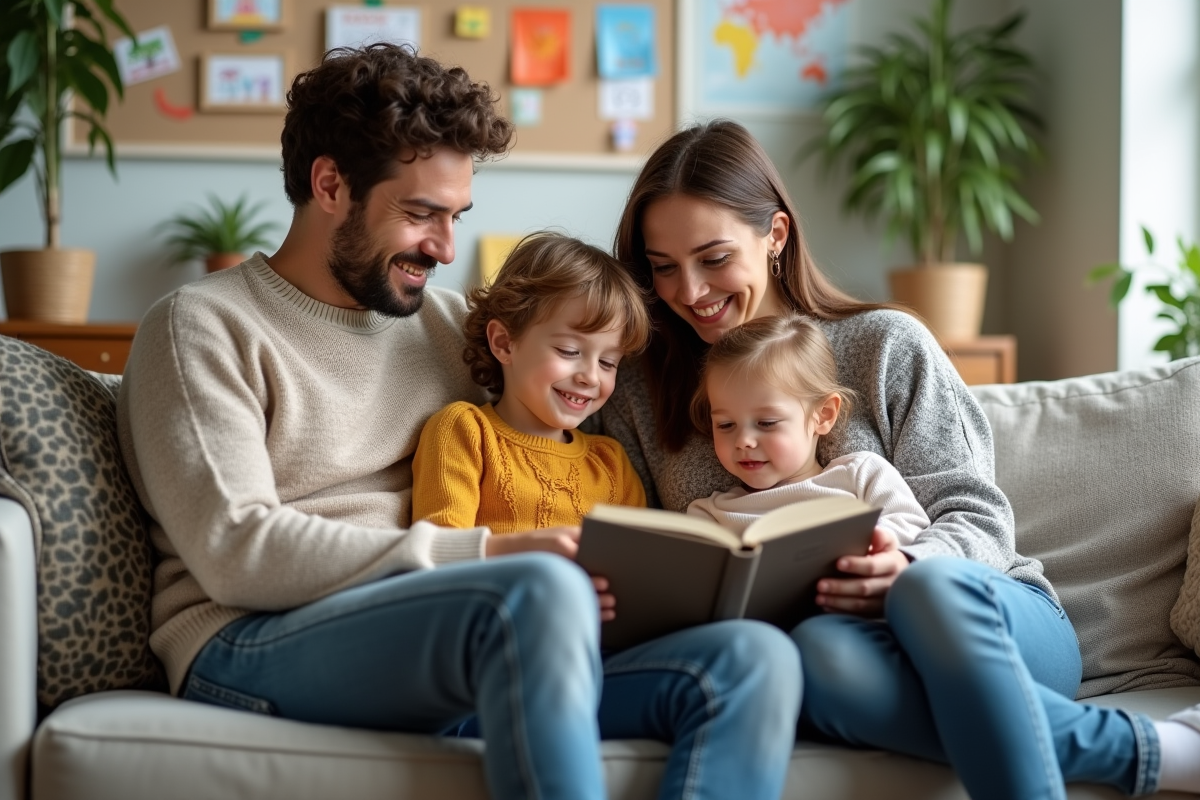 Famille heureuse dans un salon lumineux et cosy