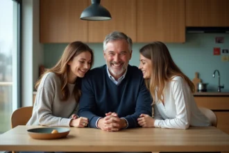 Famille souriante dans une cuisine moderne et lumineuse