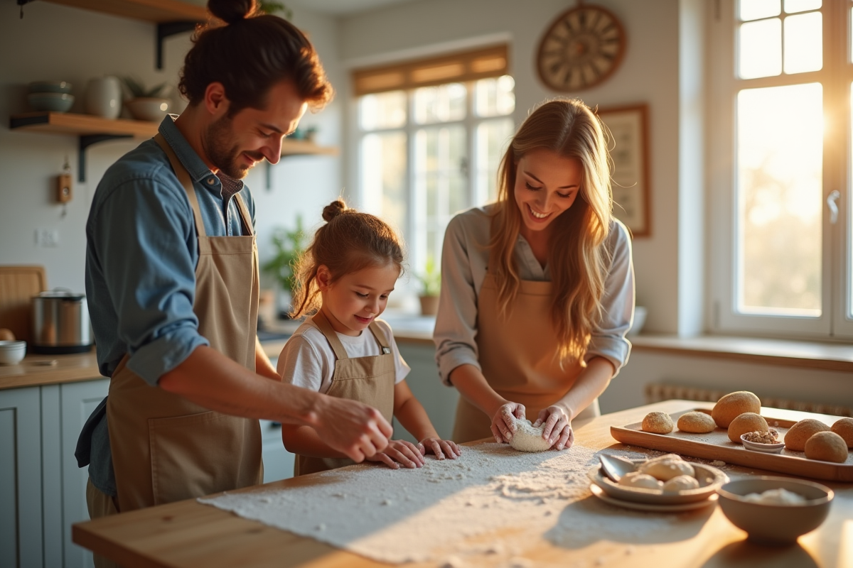 Famille cuisinant ensemble dans une cuisine lumineuse