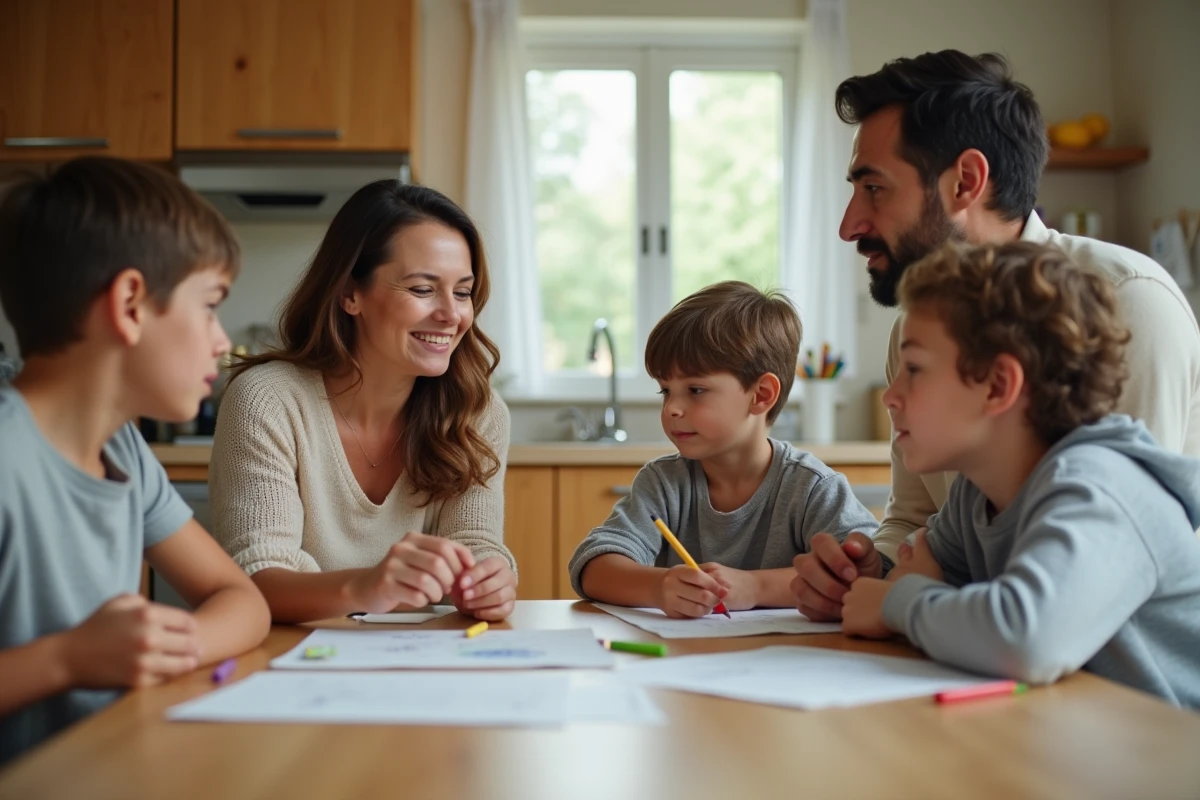 Famille réunie autour d'une table de cuisine pour un moment de dialogue et de résolution de conflit familial avec des activités créatives