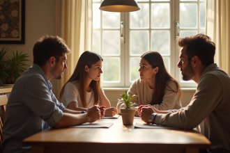 Famille de quatre autour d'un dîner en discussion calme