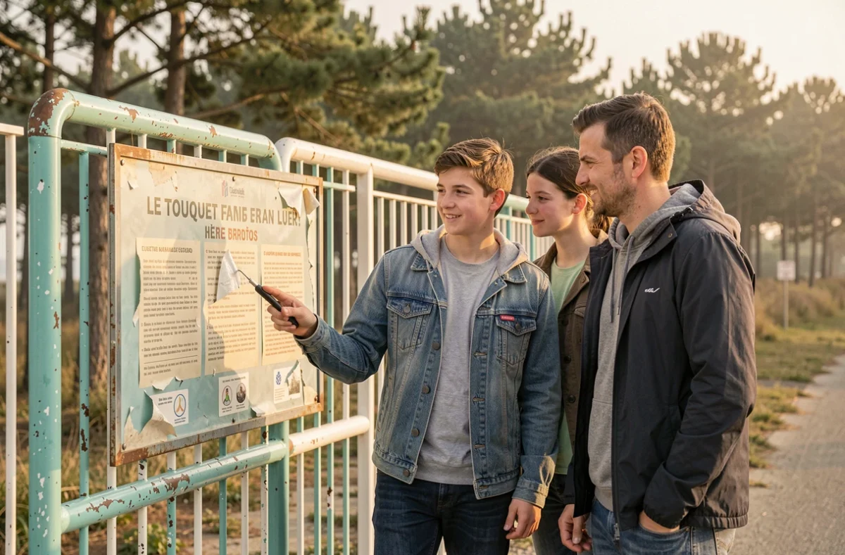 Famille découvrant l'entrée de l'ancien parc aquatique du Touquet, panneau d'information vieilli et grille colorée