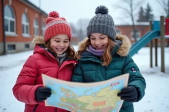 Famille française souriante devant une carte en hiver près d'une école canadienne