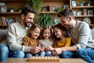 Famille souriante jouant à un jeu de société dans le salon