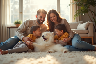 Famille heureuse avec un chien japonais Spitz dans le salon