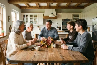 Famille multigénérationnelle réunie autour d'une grande table en bois, représentant enfants et beaux-enfants dans un contexte familial chaleureux