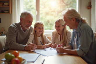 Famille heureuse multigenerations autour d'une table lumineuse